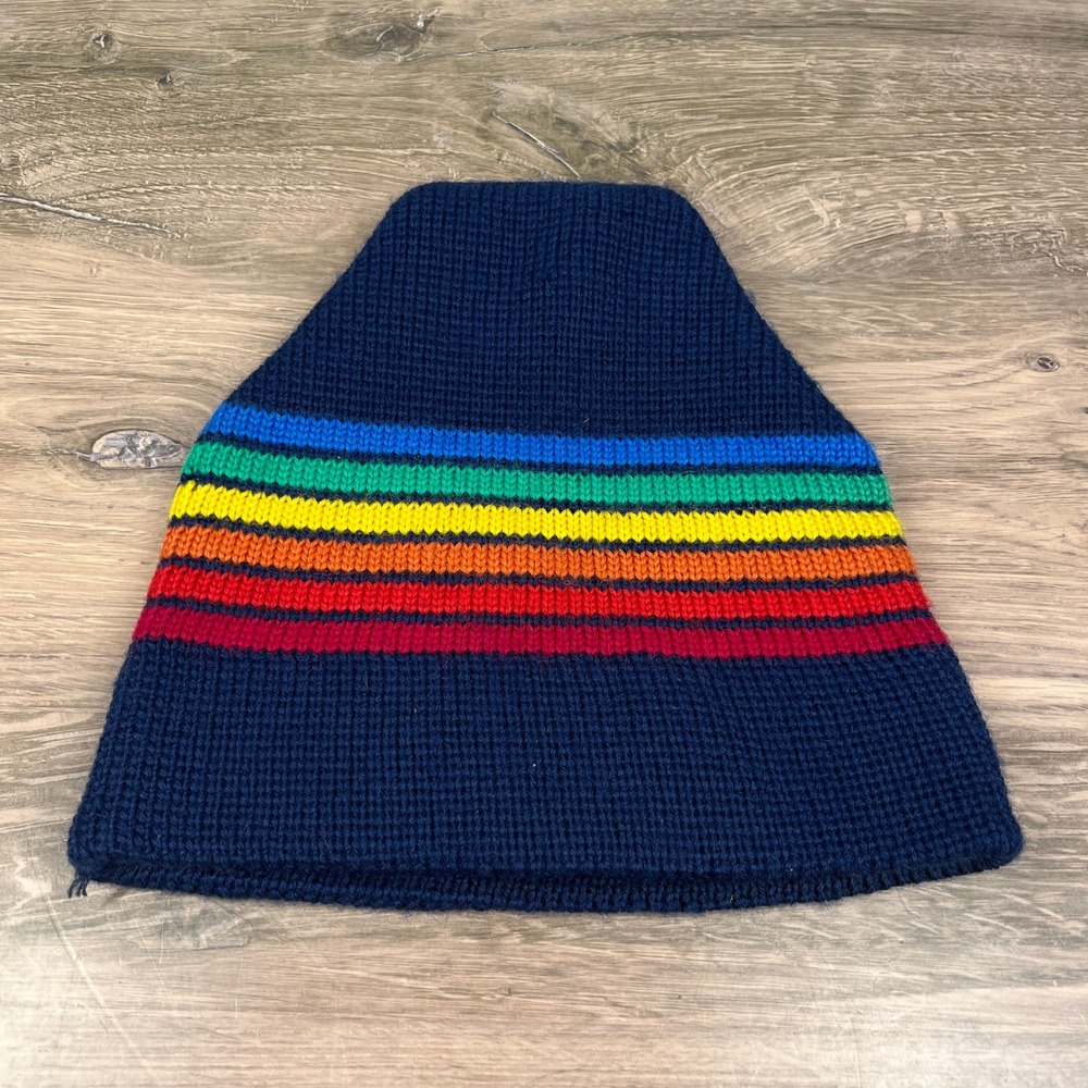 Meister Beanie Hat Navy Blue Rainbow Stripe Vintage 100% Wool Retro Ski OS